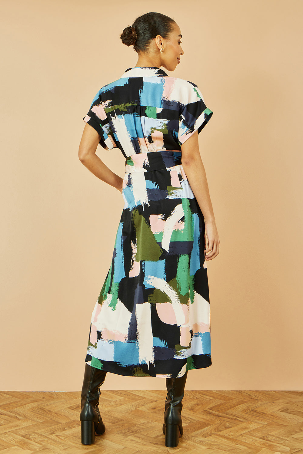 Yumi Blue Brushstroke Print Relaxed Midi Shirt Dress