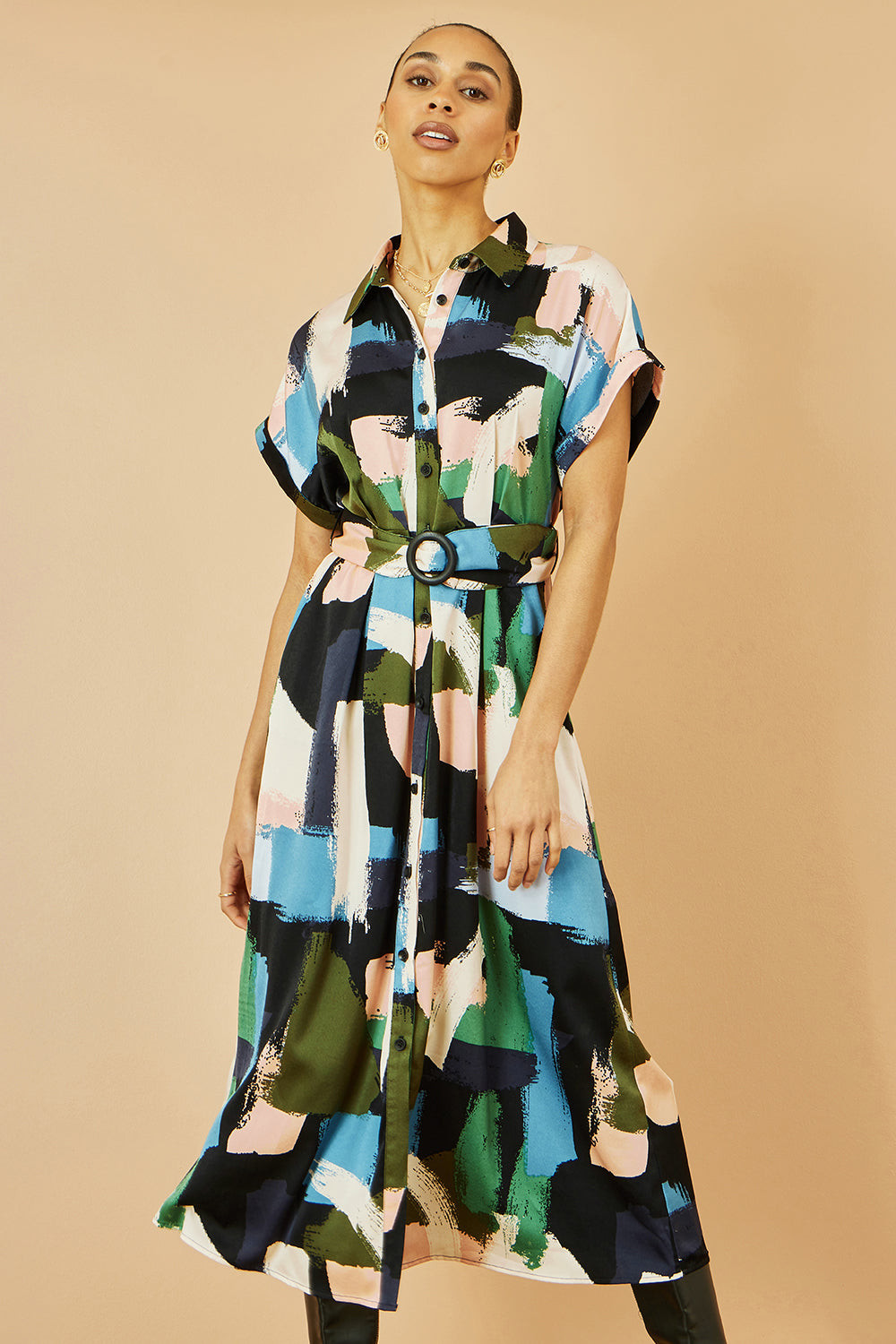 Yumi Blue Brushstroke Print Relaxed Midi Shirt Dress