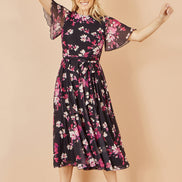 Yumi Black Mesh Skater Floral Midi Dress