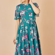 Yumi Teal Mesh Skater Floral Midi Dress