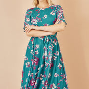 Yumi Teal Mesh Skater Floral Midi Dress