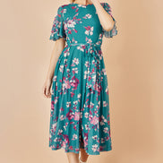 Yumi Teal Mesh Skater Floral Midi Dress