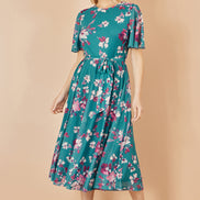 Yumi Teal Mesh Skater Floral Midi Dress