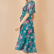 Yumi Teal Mesh Skater Floral Midi Dress