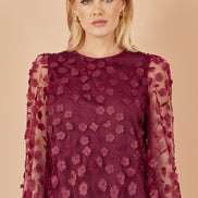 Yumi Burgundy Sheer Sleeve Applique Flower Top