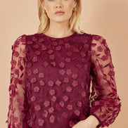 Yumi Burgundy Sheer Sleeve Applique Flower Top