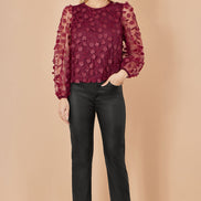 Yumi Burgundy Sheer Sleeve Applique Flower Top