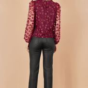 Yumi Burgundy Sheer Sleeve Applique Flower Top