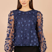 Yumi Navy Sheer Sleeve Applique Flower Top