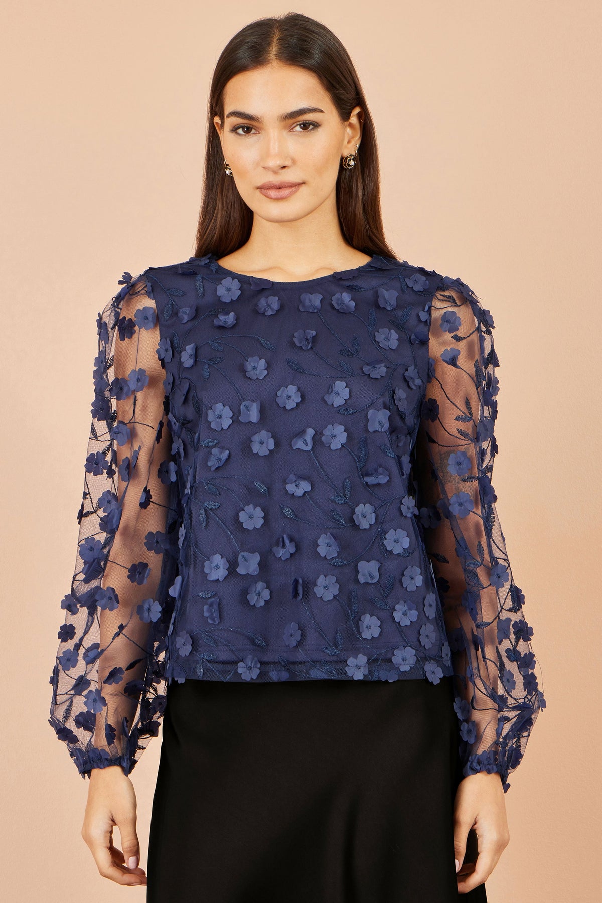 Yumi Navy Sheer Sleeve Applique Flower Top