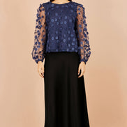 Yumi Navy Sheer Sleeve Applique Flower Top