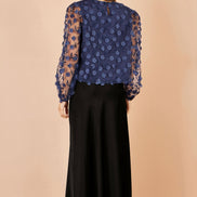Yumi Navy Sheer Sleeve Applique Flower Top