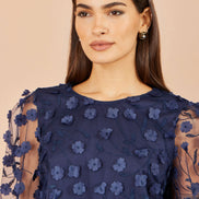 Yumi Navy Sheer Sleeve Applique Flower Top