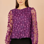 Yumi Plum Sheer Sleeve Applique Flower Top