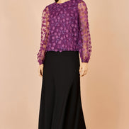 Yumi Plum Sheer Sleeve Applique Flower Top