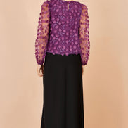 Yumi Plum Sheer Sleeve Applique Flower Top