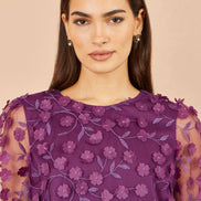 Yumi Plum Sheer Sleeve Applique Flower Top