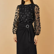 Yumi Black Sheer Sleeve Applique Flower Top