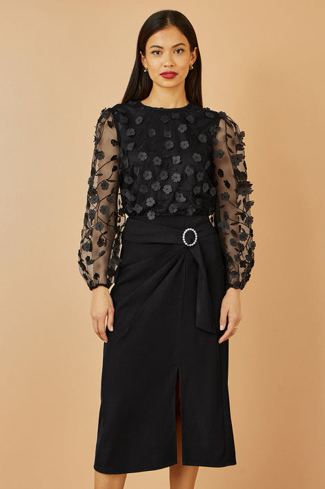 Yumi Black Sheer Sleeve Applique Flower Top