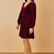 Yumi Burgundy Velvet Long Sleeve Skater Dress