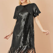 Yumi Black Sequin Tassels Hem Midi Tunic Dress