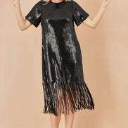 Yumi Black Sequin Tassels Hem Midi Tunic Dress