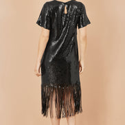 Yumi Black Sequin Tassels Hem Midi Tunic Dress