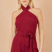 Yumi Burgundy Cross Over Halter Neck Jumpsuit