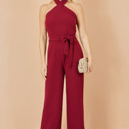 Yumi Burgundy Cross Over Halter Neck Jumpsuit