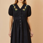 Yumi Black Long Sleeve Midi Dress with Floral Embroidery