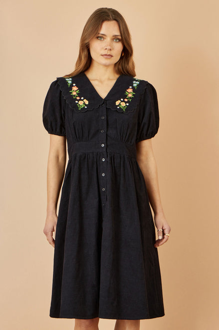 Yumi Black Long Sleeve Midi Dress with Floral Embroidery