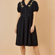 Yumi Black Long Sleeve Midi Dress with Floral Embroidery