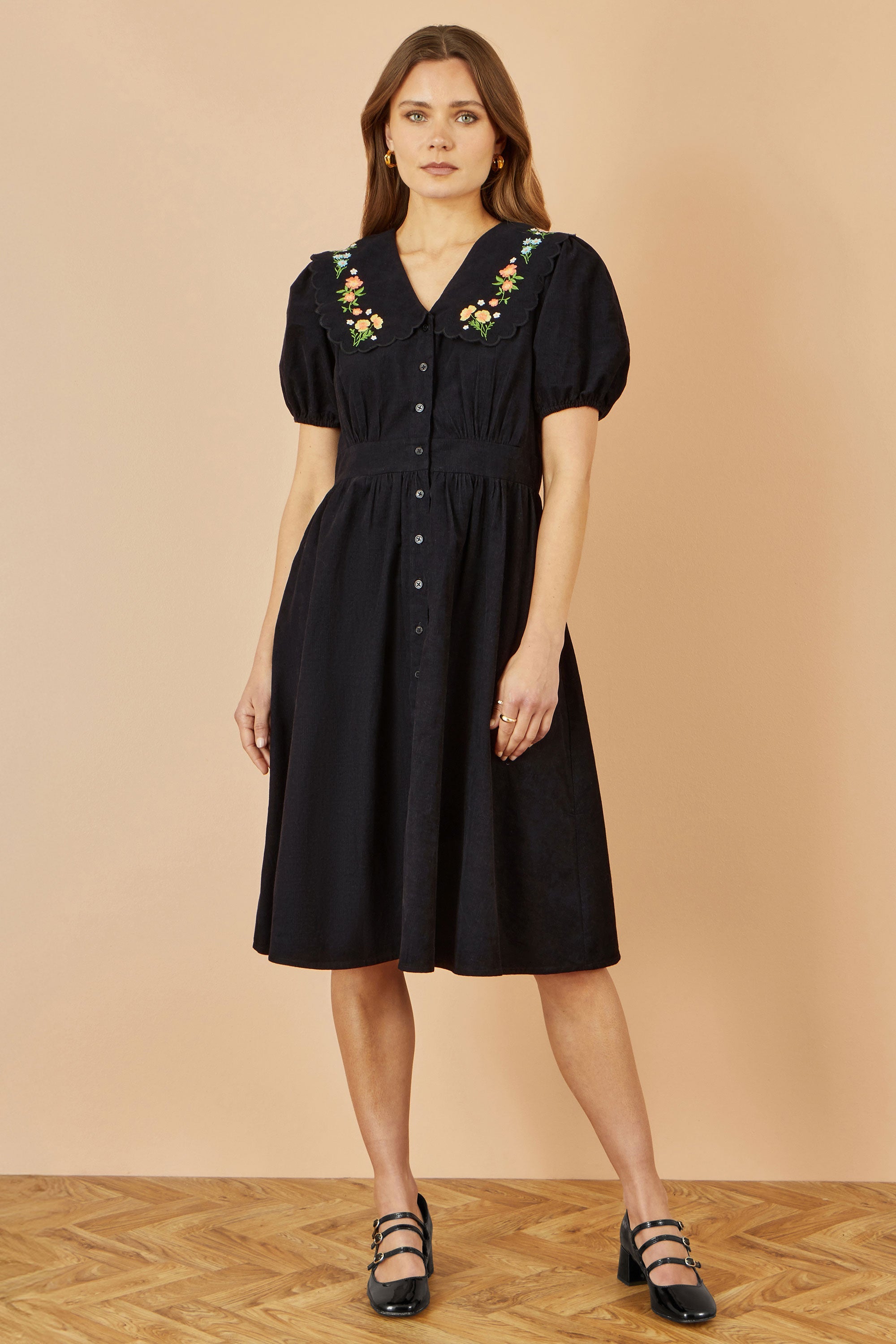 Yumi Black Long Sleeve Midi Dress with Floral Embroidery