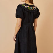 Yumi Black Long Sleeve Midi Dress with Floral Embroidery