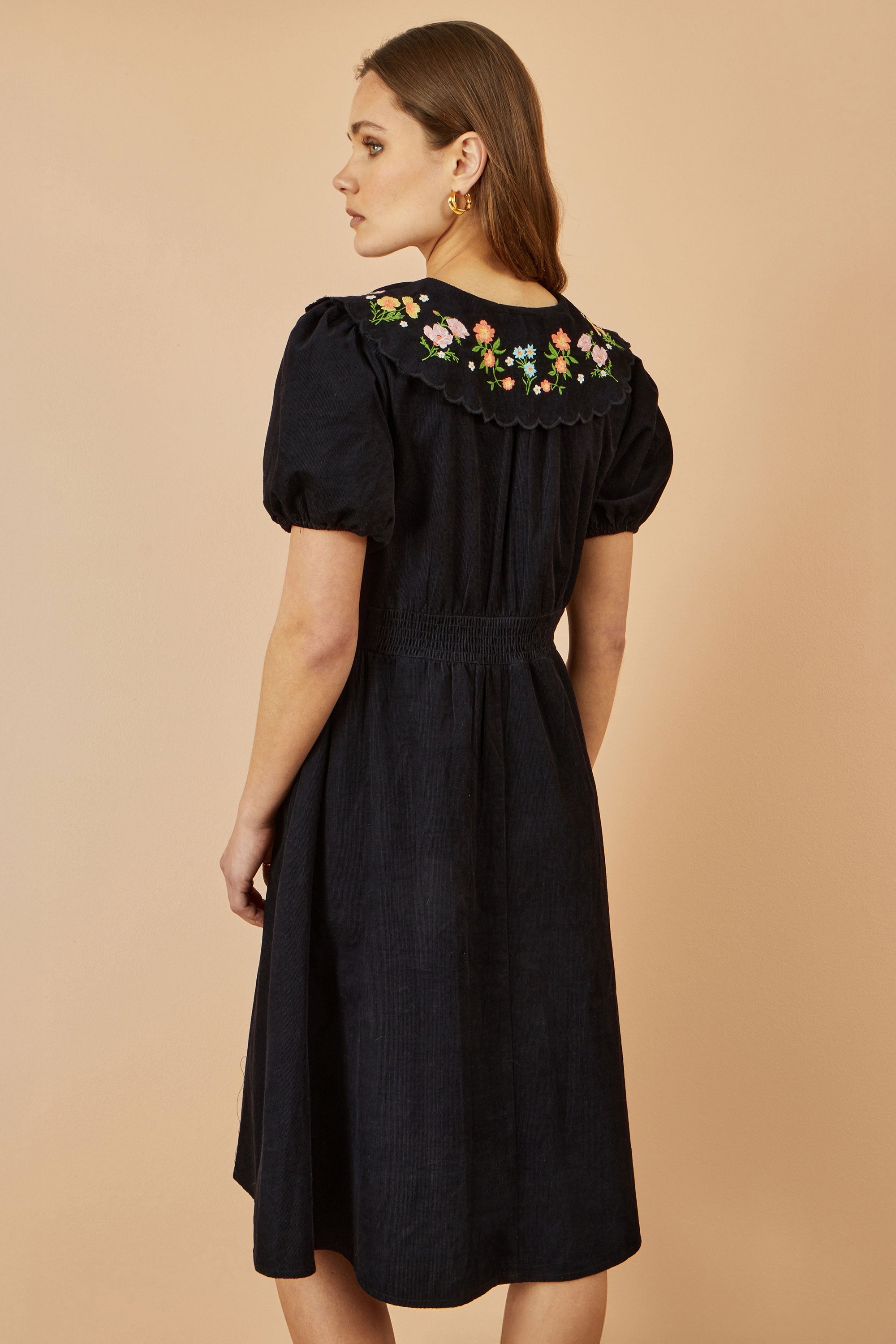 Yumi Black Long Sleeve Midi Dress with Floral Embroidery