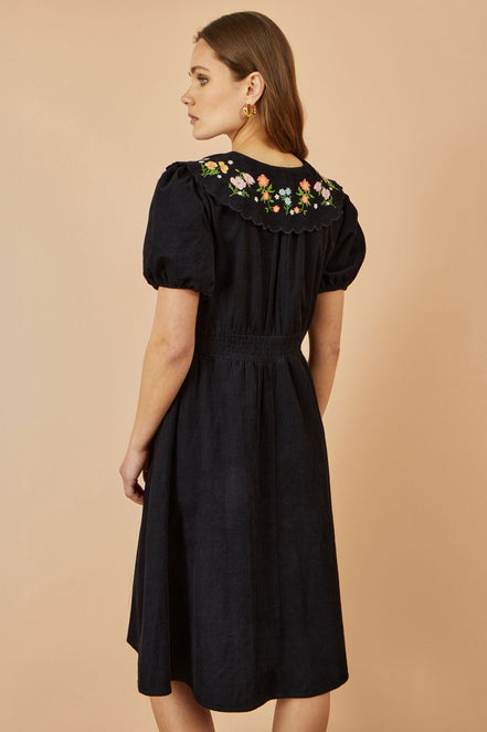 Yumi Black Long Sleeve Midi Dress with Floral Embroidery