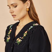 Yumi Black Long Sleeve Midi Dress with Floral Embroidery