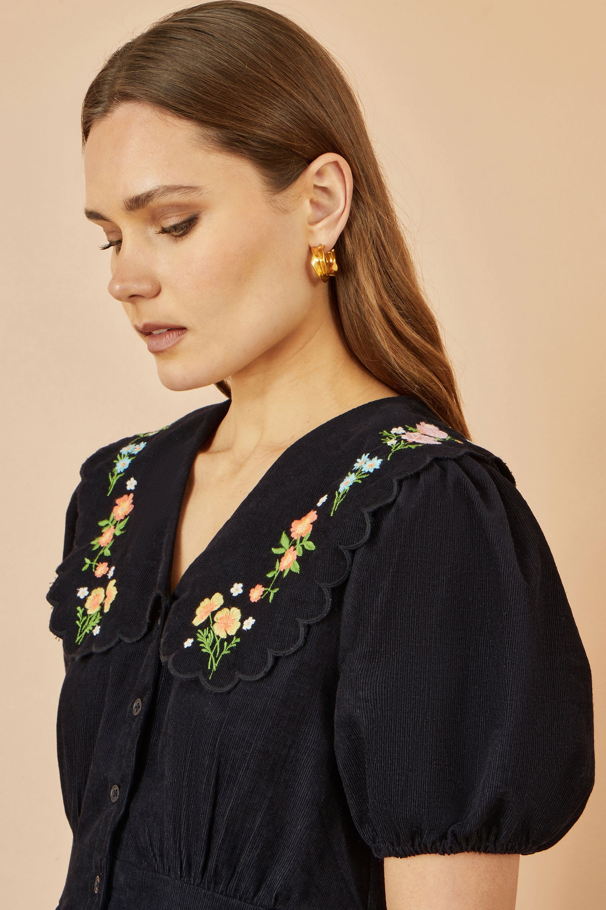 Yumi Black Long Sleeve Midi Dress with Floral Embroidery