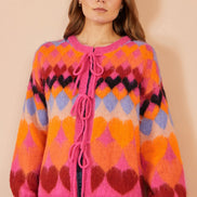 Yumi Pink Tie Front Heart Intarsia Cardigan