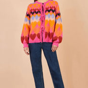 Yumi Pink Tie Front Heart Intarsia Cardigan
