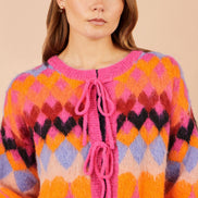 Yumi Pink Tie Front Heart Intarsia Cardigan