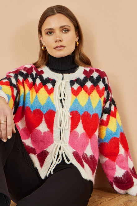 Yumi Multicolour Tie Front Heart Intarsia Cardigan