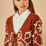 Yumi Brown Folk Embroidered Tie Front Cardigan