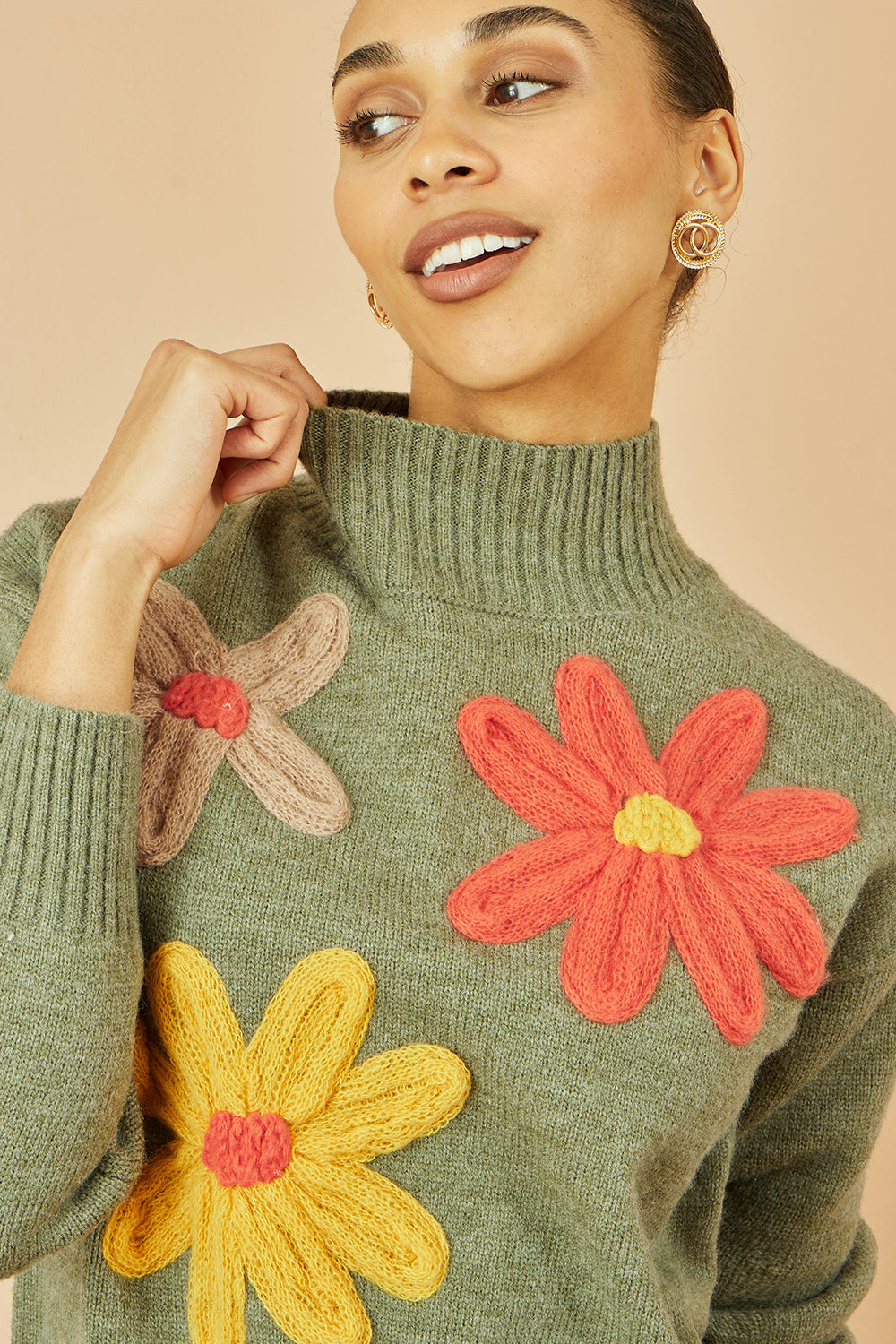 Yumi Green Knitted High Neck Jumper with Applique Flowers