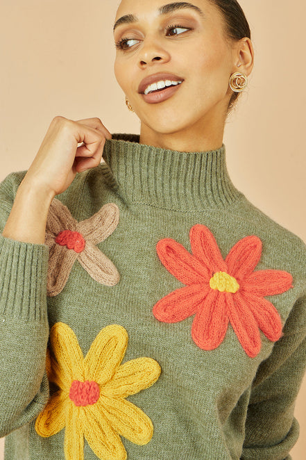 Yumi Green Knitted High Neck Jumper with Applique Flowers