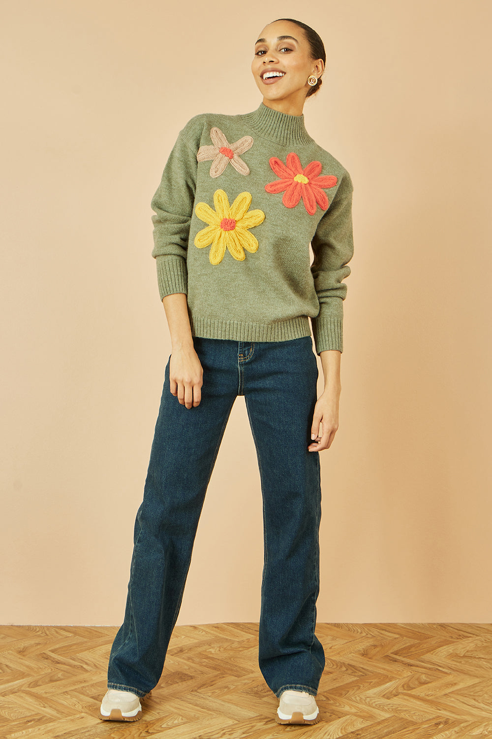 Yumi Green Knitted High Neck Jumper with Applique Flowers