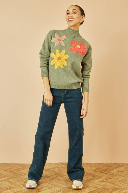 Yumi Green Knitted High Neck Jumper with Applique Flowers