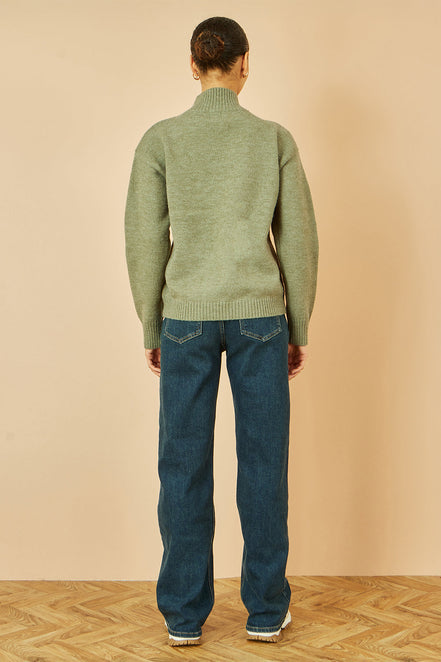 Yumi Green Knitted High Neck Jumper with Applique Flowers
