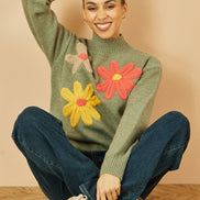 Yumi Green Knitted High Neck Jumper with Applique Flowers
