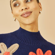 Yumi Navy Knitted High Neck Jumper with Applique Flowers